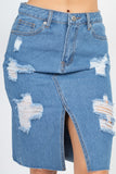 Distressed Front Slit Denim Skirt