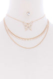 3 Layered Chain Butterfly Metal Multi Necklace Earring Set