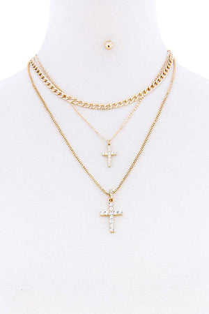 Triple Layer Rhinestone Double Cross Necklace With Earring Set