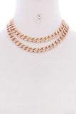 2 Layered Link Metal Chain Stud Stone Short Necklace Earring Set