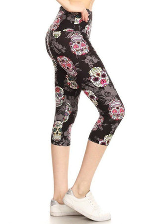 Yoga Style Banded Lined Sugar Skull Printed Knit Capri Legging With High Waist