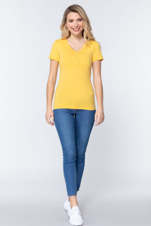 Short Slv V-neck Henley Knit Top