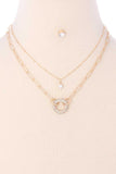 2 Layered Metal Chain Rhinestone Round Pendant Necklace Earring Set