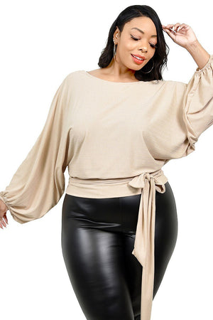 Plus Relaxed Long Sleeve Tie Waist Top