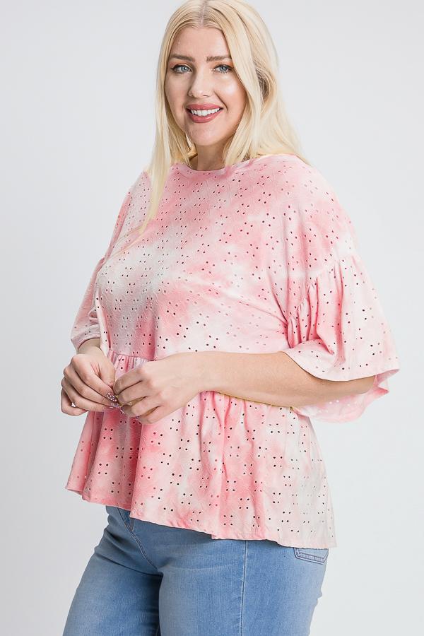 Tie Dye Ruffled Sleeves And Bottom Eyelet Blouse