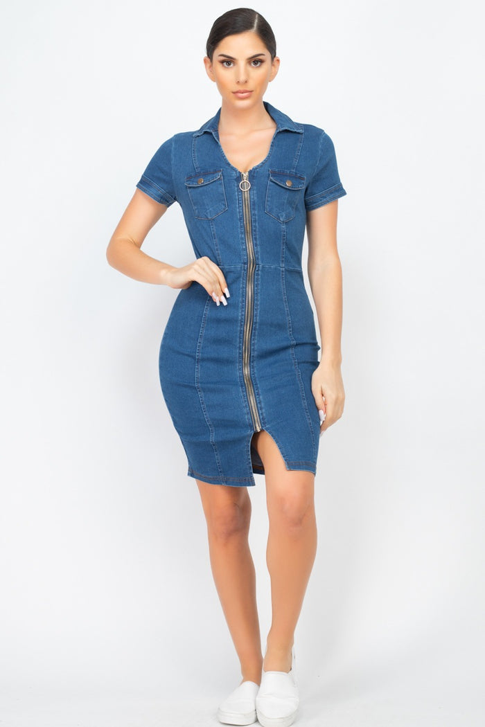 Zip Front Denim Mini Dress