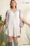 Linen Blend Animal Print Short Folded Sleeve Button Down Dress With Frayed Scoop Hem