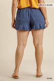 Linen Blend Elastic Waist Ruffle Hem Shorts With Pockets