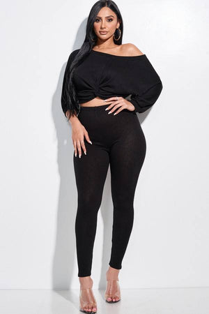 Solid Rib Knit Knotted Front Top And Leggings Two Piece Set