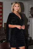 Plus Size Black Glitter Strands Velvet Plunging Wrap V-neck Split Flared Long Sleeve Detail Mini Dress