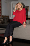 Plus Red Square Neck 3/4 Puff Sleeve With Elasticated Hem Loose Fit Top