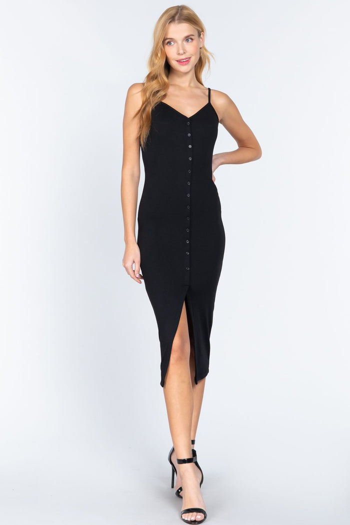 Fron Button Slit Rib Cami Midi Dress