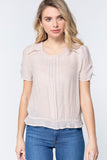 Short Shirring Slv Pleated Woven Top