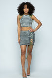 Stretchable Denim Cropped Top/stretchable Denim High-waist Skirt Set