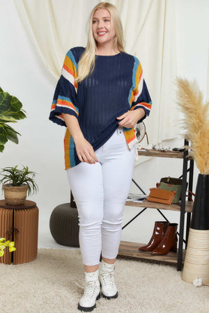 Stripe Accent Ribbeb Knit Sweater