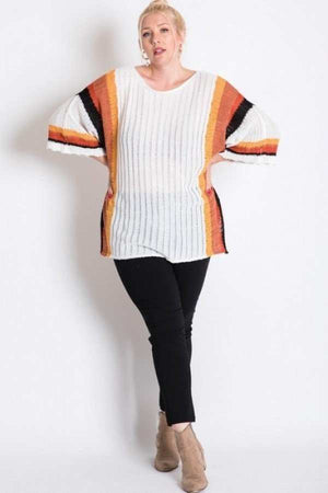 Stripe Accent Ribbeb Knit Sweater