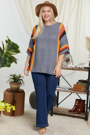 Stripe Accent Ribbeb Knit Sweater