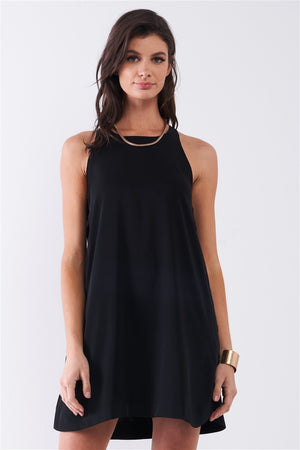 Black Sleeveless Crew Neck Side Snap Button Down Racerback Mini Tent Dress