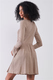 Taupe Horizontal Stripped Embroidery Detail Long Sleeve With Flare Hem Mini Dress