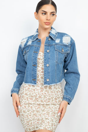 Distress Frayed Hem Denim Jacket