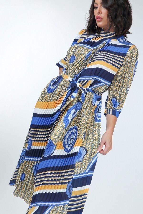 Pleated Print Midi Dress