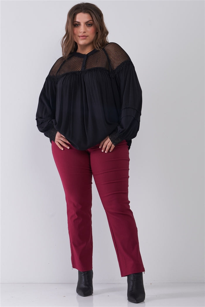 Plus Size Boho Sheer Net Mesh Balloon Sleeve Detail Relaxed Top