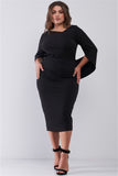 Plus Size Black Asymmetrical Neck Draped Sleeve & Back Detail Fitted Midi Dress