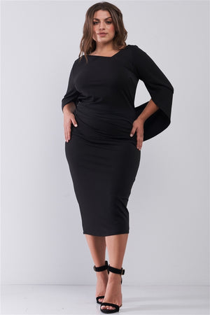 Plus Size Black Asymmetrical Neck Draped Sleeve & Back Detail Fitted Midi Dress