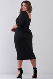 Plus Size Black Asymmetrical Neck Draped Sleeve & Back Detail Fitted Midi Dress