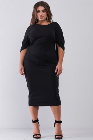 Plus Size Black Asymmetrical Neck Draped Sleeve & Back Detail Fitted Midi Dress