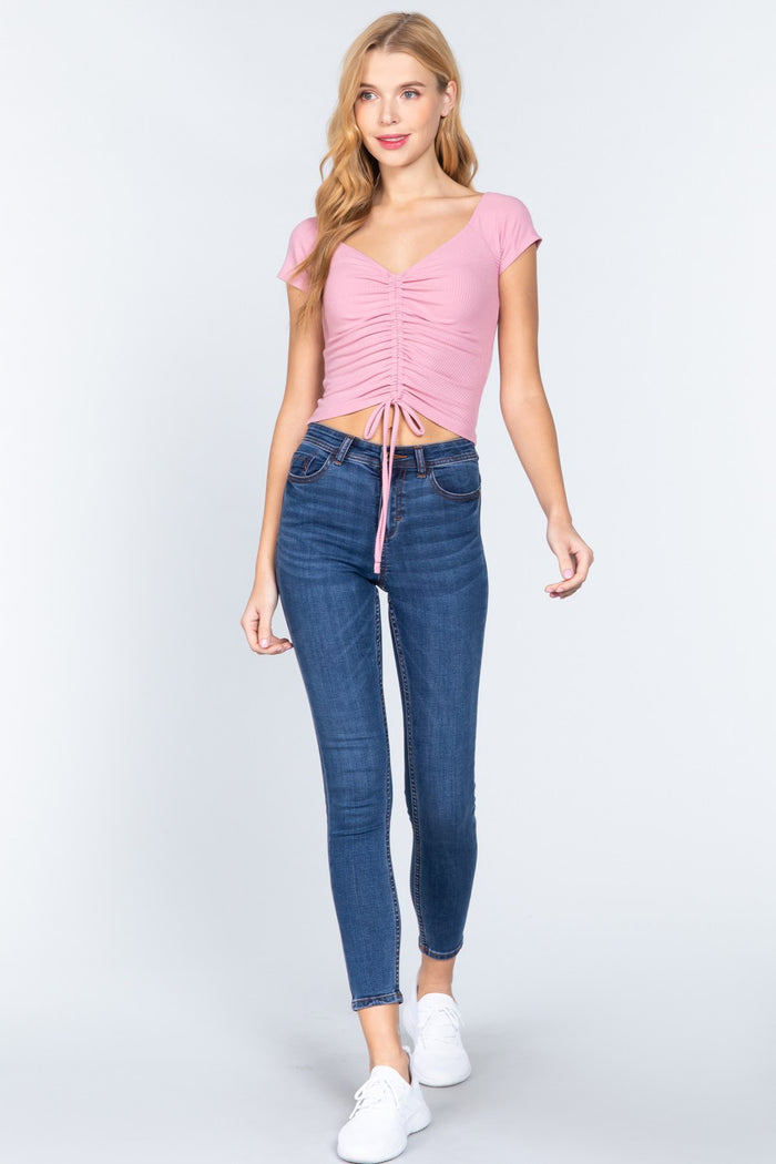 Short Slv Ruched Rib Knit Top