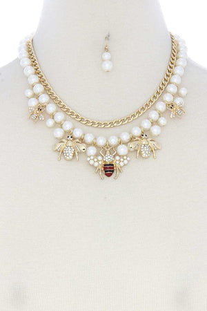 Bee Charm Pearl Bead Cuban Link Layered Necklace