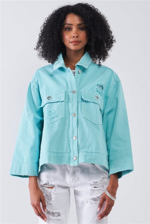 Washed Distressed Button-down Front Raw Hem Detail Wide Sleeve Oversized Denim Jacket