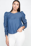 Shirring Puff Sleeves Denim Top