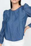 Shirring Puff Sleeves Denim Top