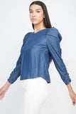 Shirring Puff Sleeves Denim Top