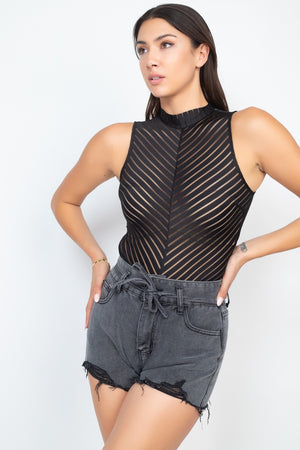 Stripe Mesh Mock Neck Bodysuit