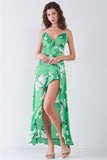 Satin Floral Print Sleeveless V-neck Self-tie Back Ruffle Trim Side Slit Detail Maxi Dress