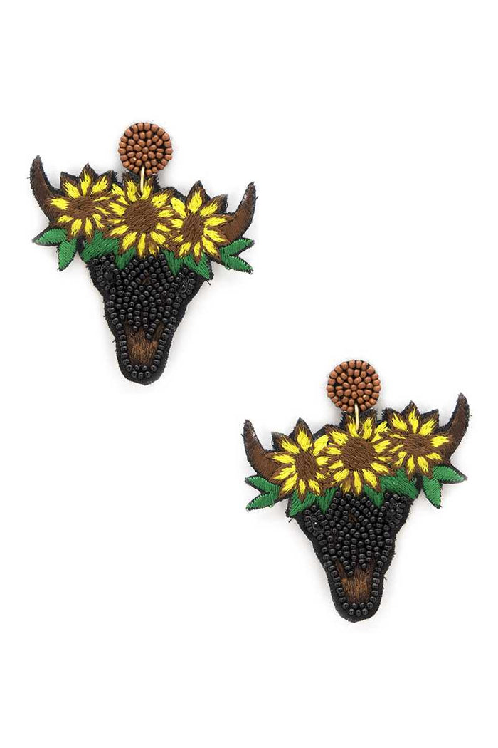 Seed Bead Carved Cow Skull Sunflower Dangle Earring