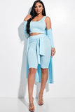 Solid Knit Sleeveless Tank Top, Tie Front Biker Shorts And Duster 3 Piece Set