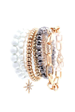 Pearl Metal Glass Stretch Bead Multi Bracelet 6 Pc Set