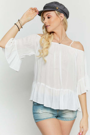 Ruffled Cold Shoulder Sheer Blouse Top