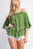 Ruffled Cold Shoulder Sheer Blouse Top