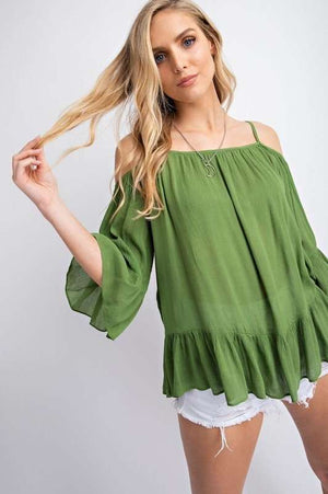 Ruffled Cold Shoulder Sheer Blouse Top