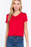 Short Slv V-neck W/pocket Crop Top