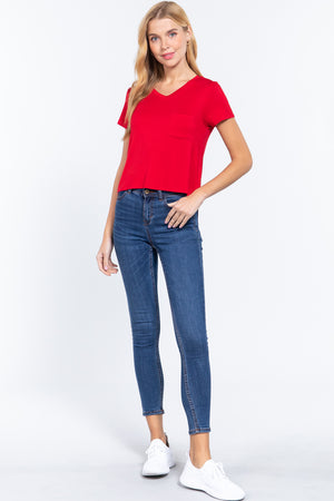 Short Slv V-neck W/pocket Crop Top