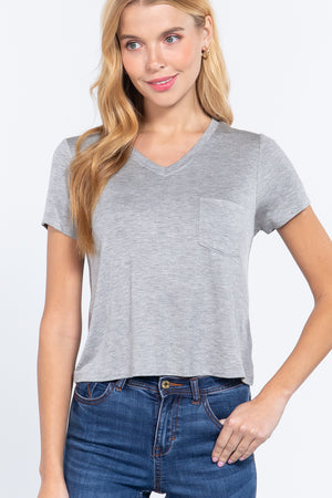 Short Slv V-neck W/pocket Crop Top