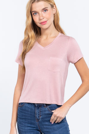 Short Slv V-neck W/pocket Crop Top