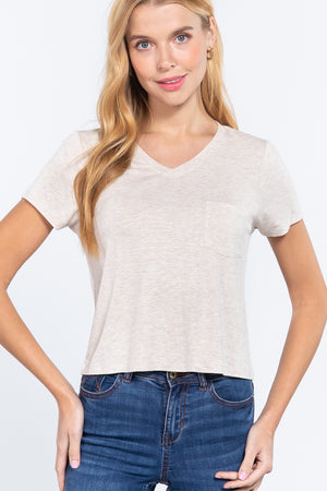 Short Slv V-neck W/pocket Crop Top