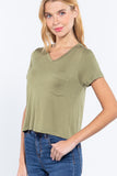 Short Slv V-neck W/pocket Crop Top